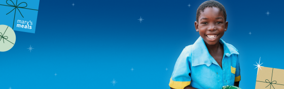 Starry night background with a child smiling imposed on top. 